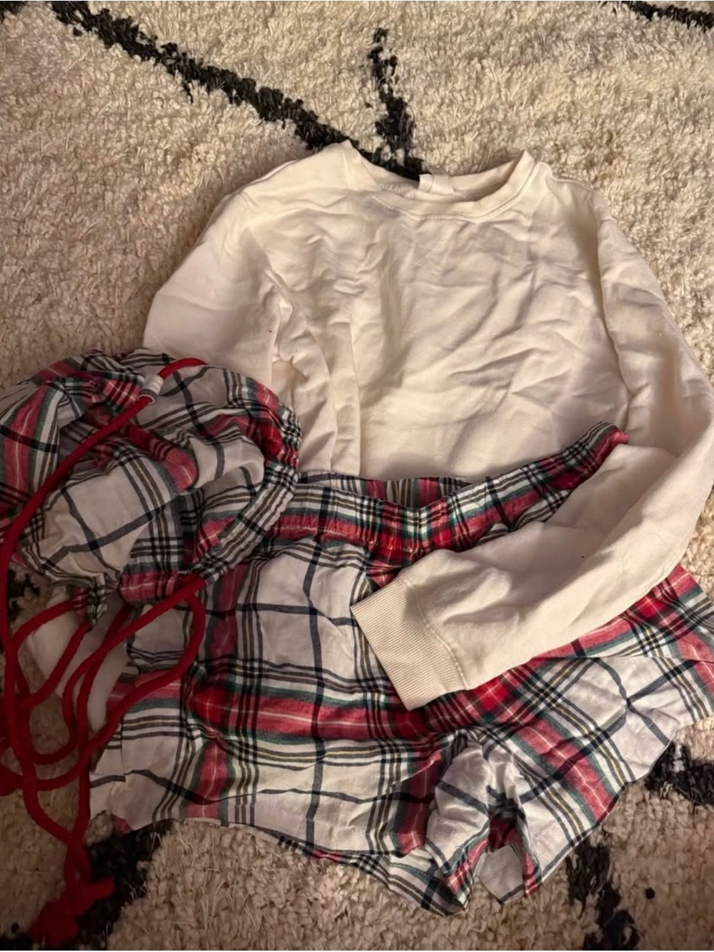 White Long-Sleeve Pajama Top with Red Plaid Shorts Set